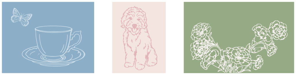 Custom hand-drawn illustrations for Kindly Delivered, featuring meaningful symbols like butterflies, teacups, and vintage postage.